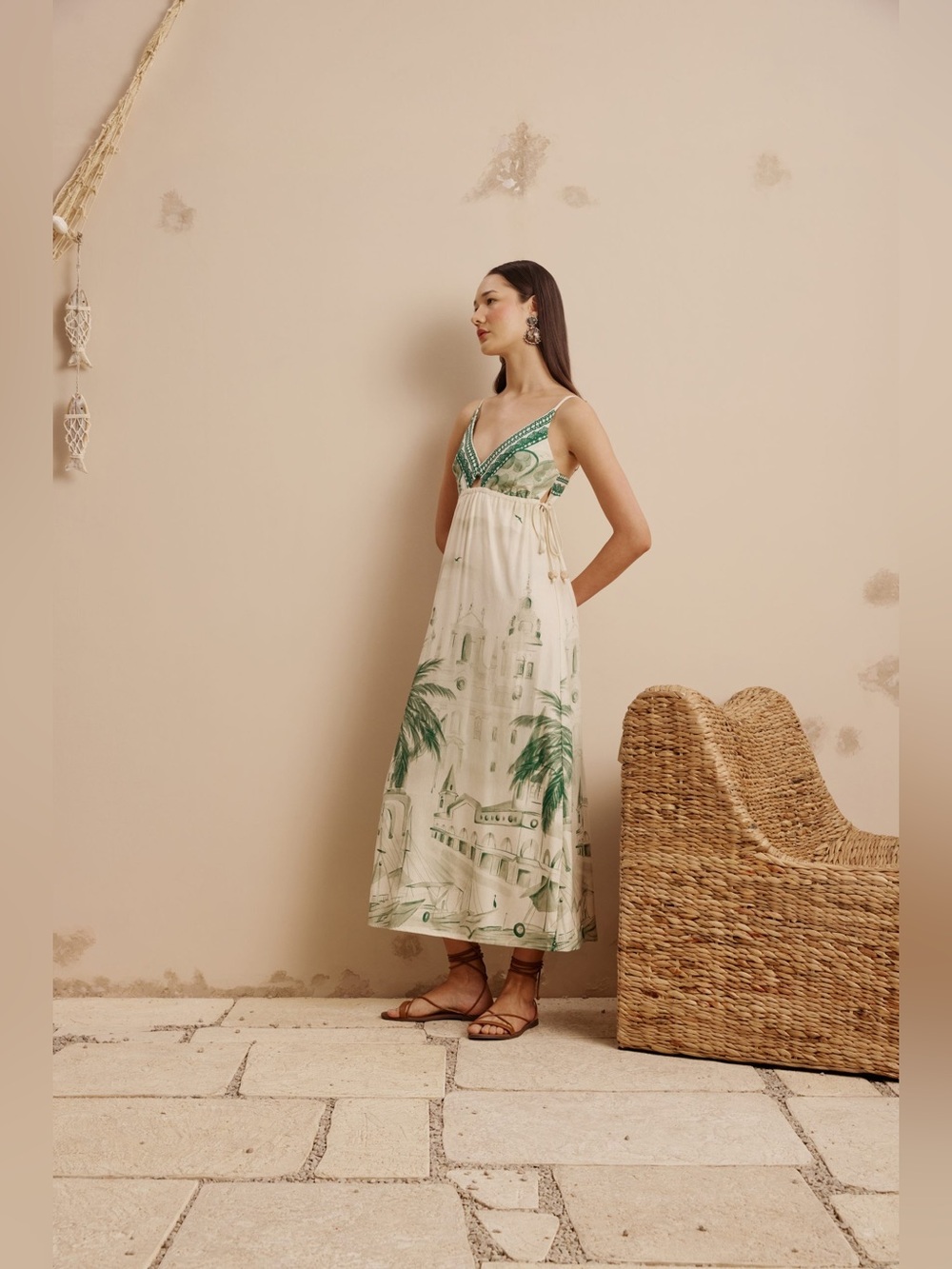 CaCay Sand with Green Print Midi Dress with Details Vacation Ready Small P